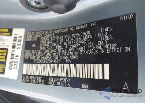 2007 Toyota Sienna Ce/Le из США, поврежденный, VIN 5TDZK23C97S014621